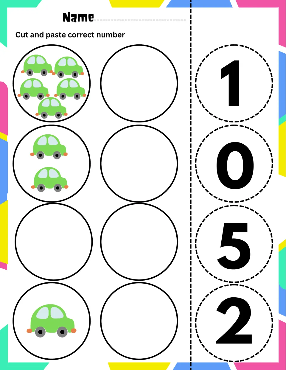 Counting green cars 0 to 5: students count 5, 2, 0 and 1 cars, then cut and paste the matching number 1, 0, 5 or 2