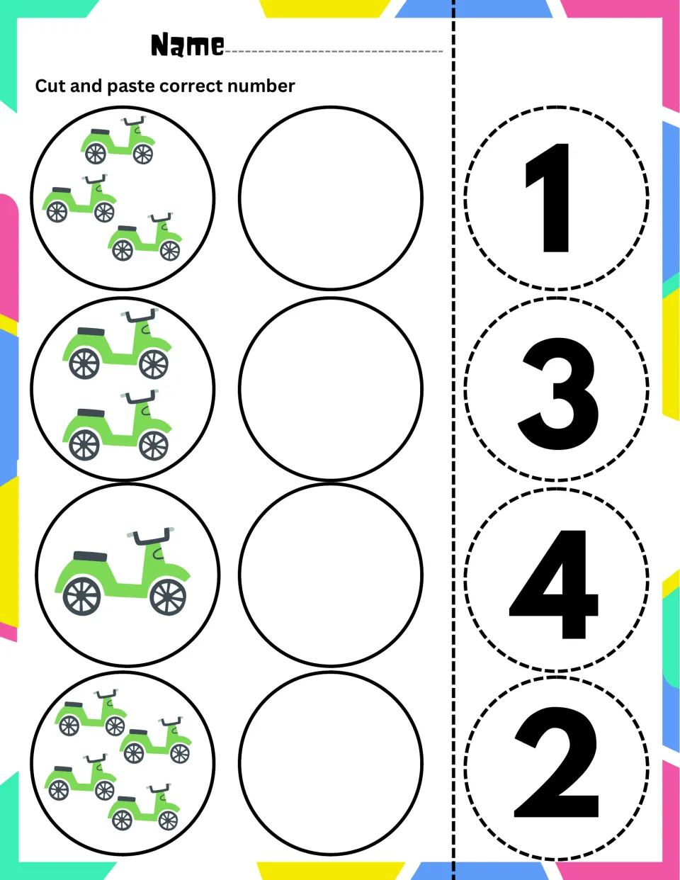Counting green scooters: students count groups of 3, 2, 1 and 4 scooters and glue the matching cut-out number beside each