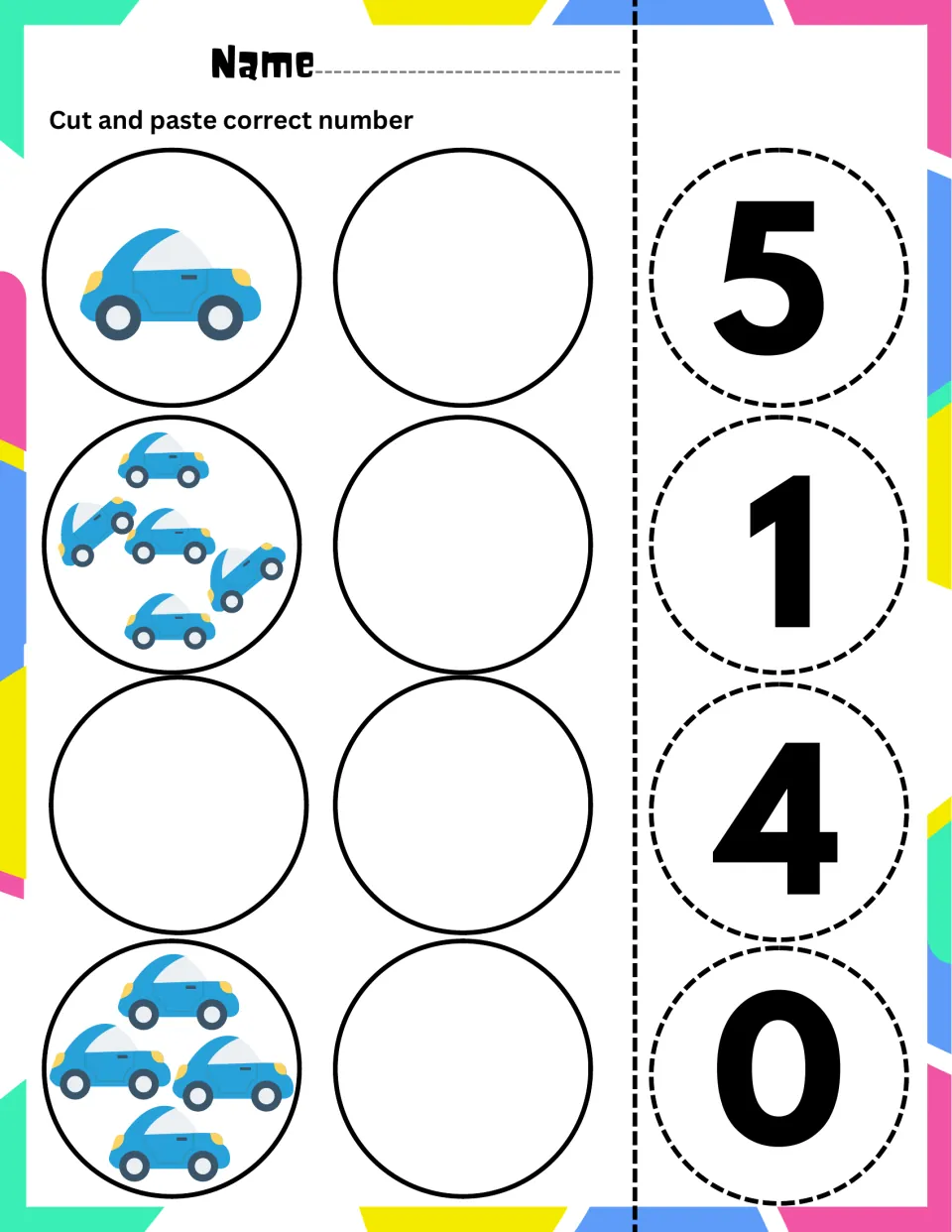 Counting blue cars: students count sets of 1, 5, 0 and 4 cars, including an empty set for zero, and paste the right numeral