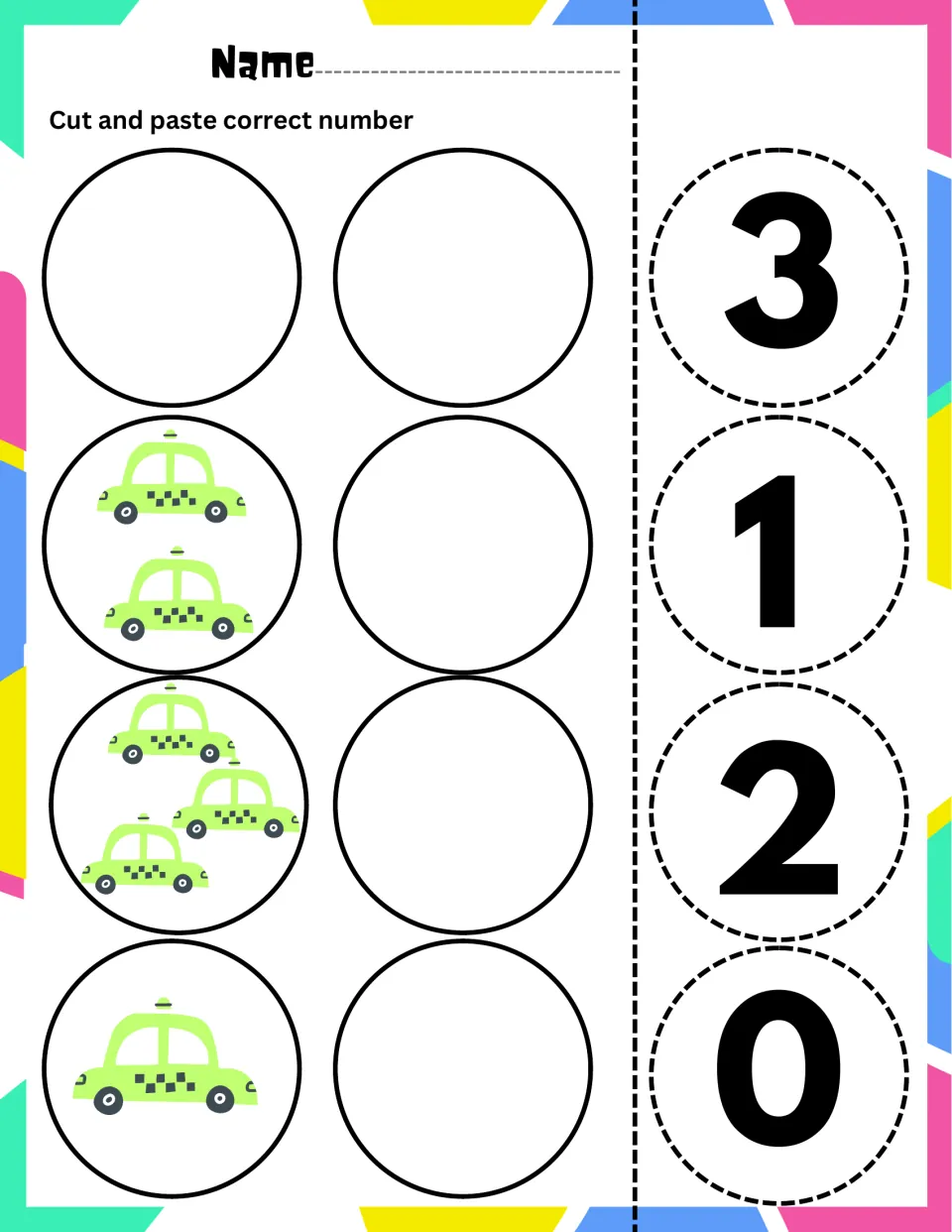 Counting taxis 0 to 3: students count an empty set and sets of 2, 3 and 1 taxis, then glue the numeral 3, 1, 2 or 0
