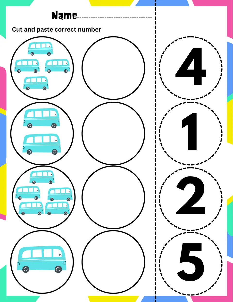 Counting blue buses: students count groups of 4, 2, 5 and 1 buses and match each set to a cut-out number 4, 1, 2 or 5