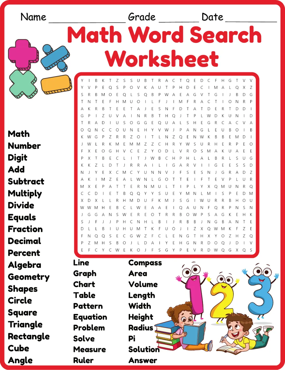 Color math word search featuring 40 terms, including subtract, fraction, decimal, radius, and angle.