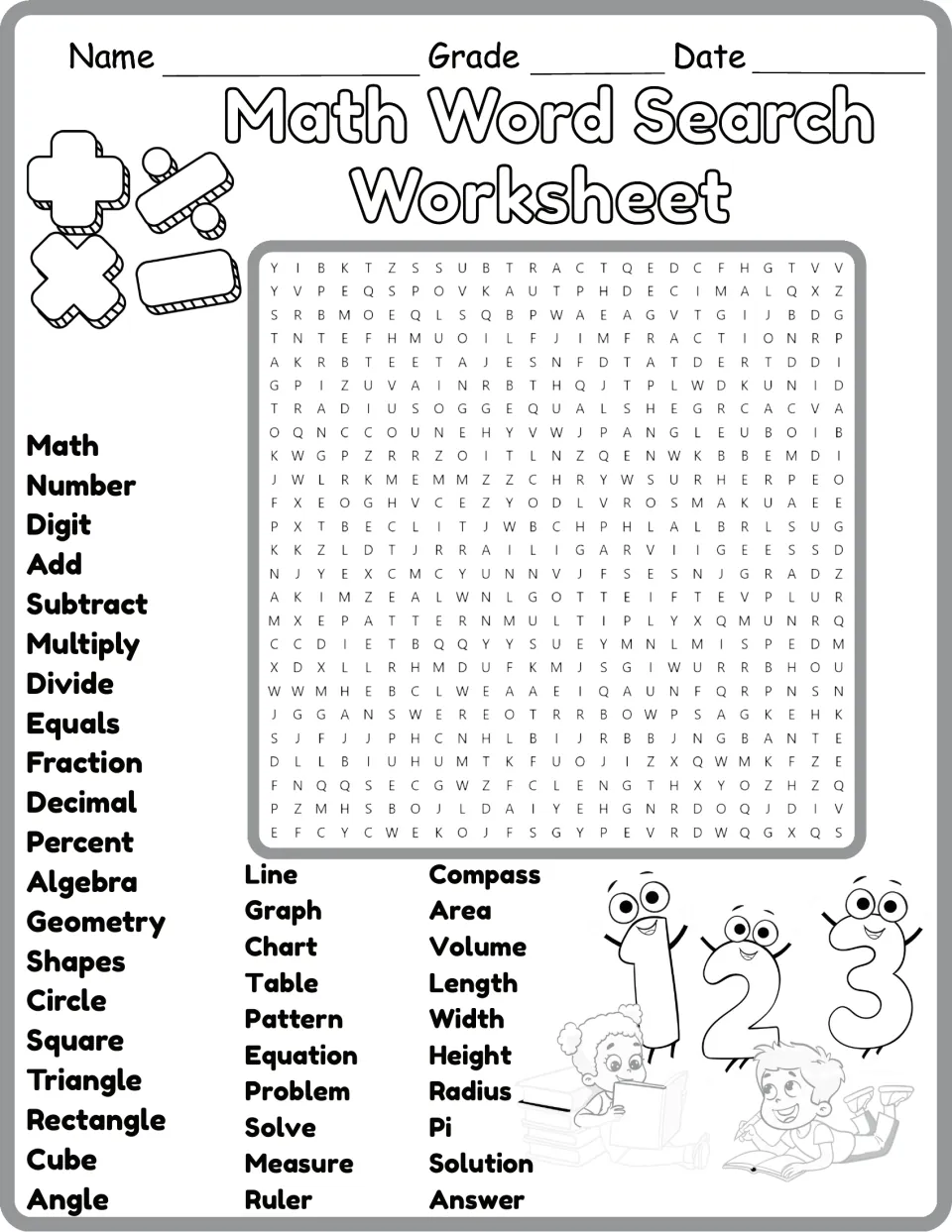 Black-and-white math word search featuring 40 terms, including algebra, geometry, equation, and volume.