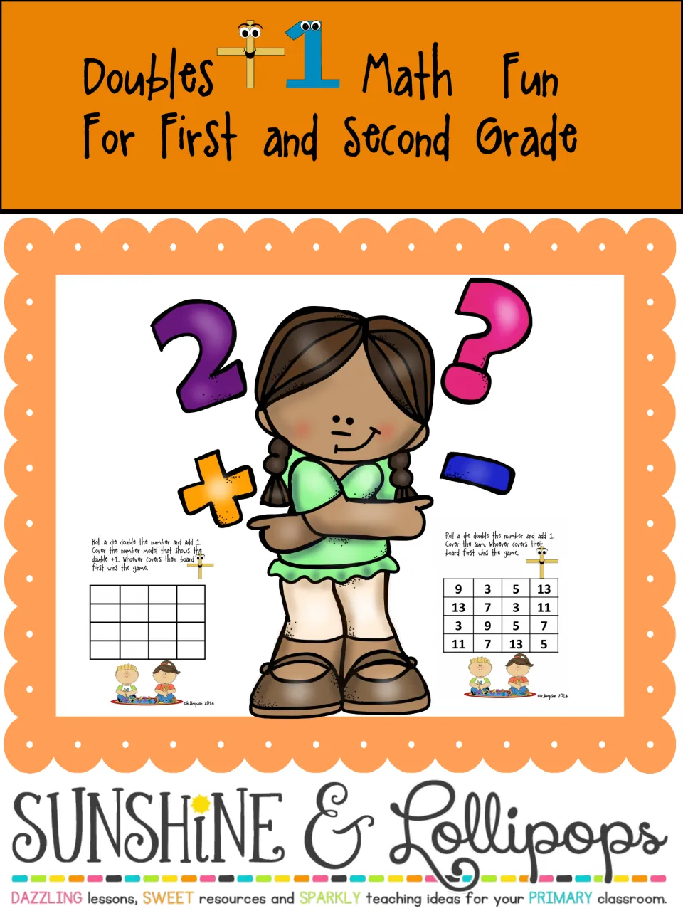 Doubles +1 Math Fun for First and Second Grade cover showing a sums game card and a number model card beside a girl