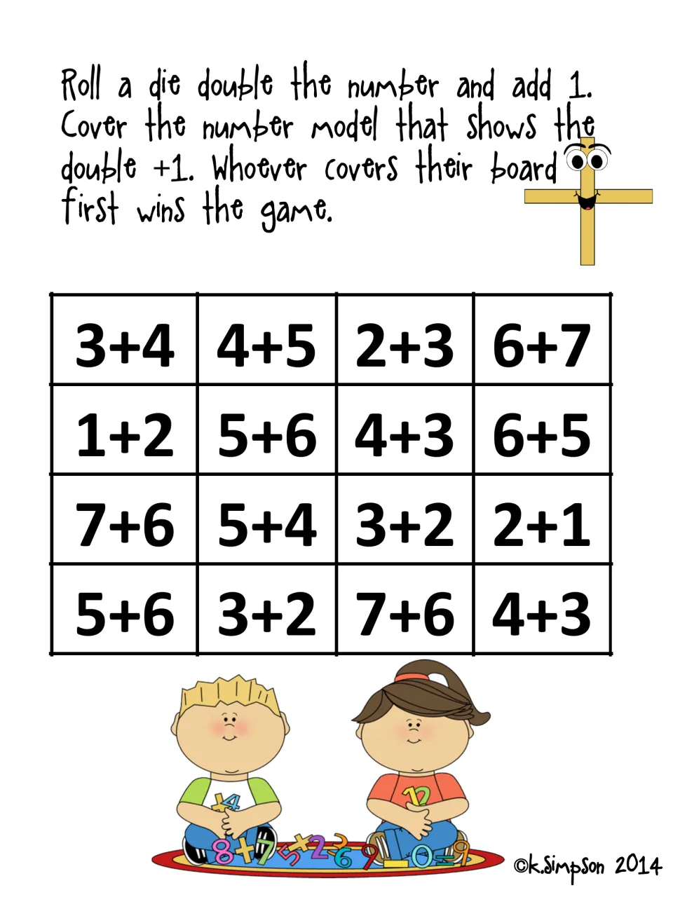Doubles plus one number model game: students roll a die, double it, add 1 and cover a matching fact such as 3+4 or 6+5