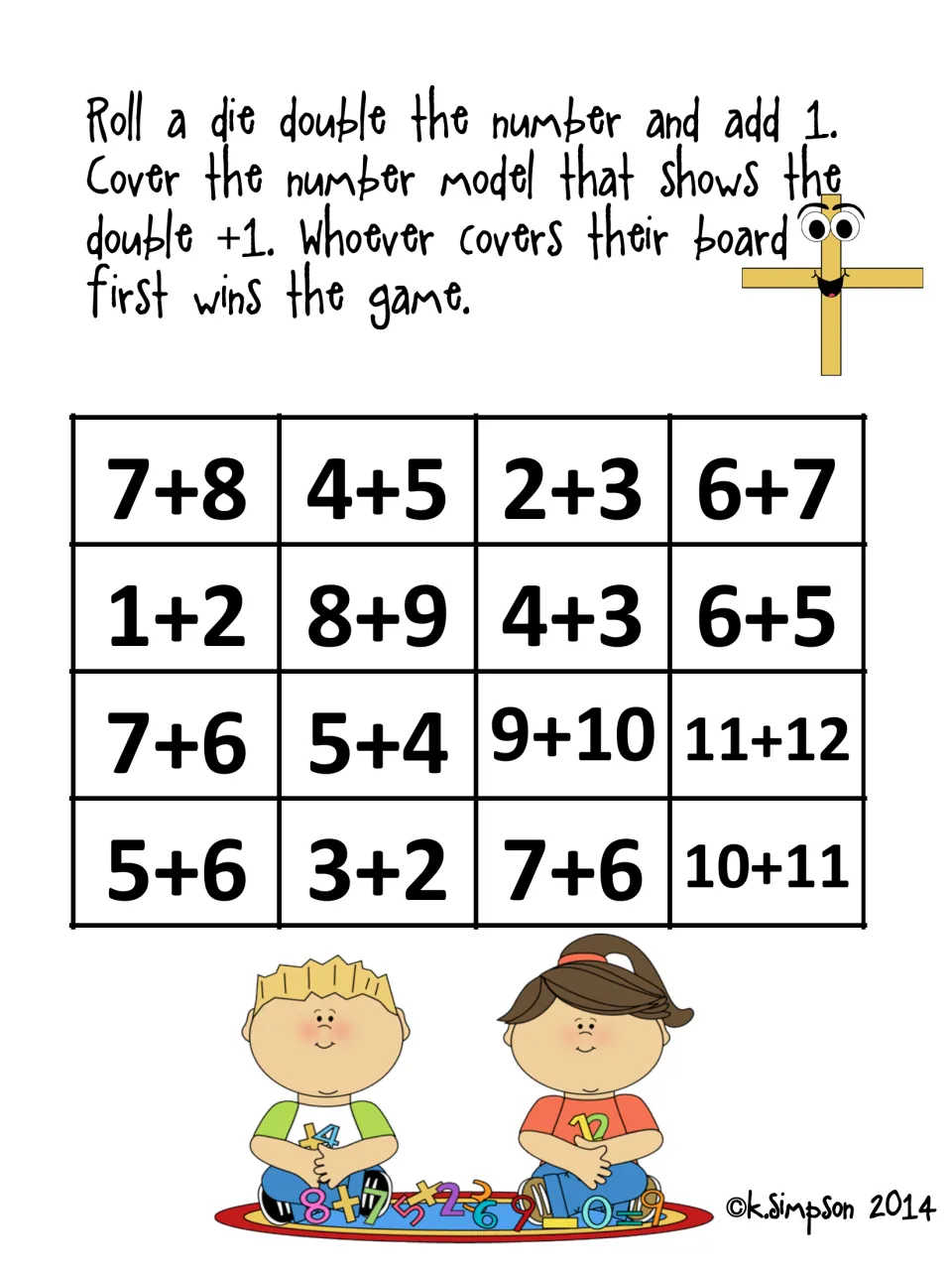 Harder doubles plus one game: students roll a die, double it, add 1 and cover facts up to 11+12, including 8+9 and 9+10