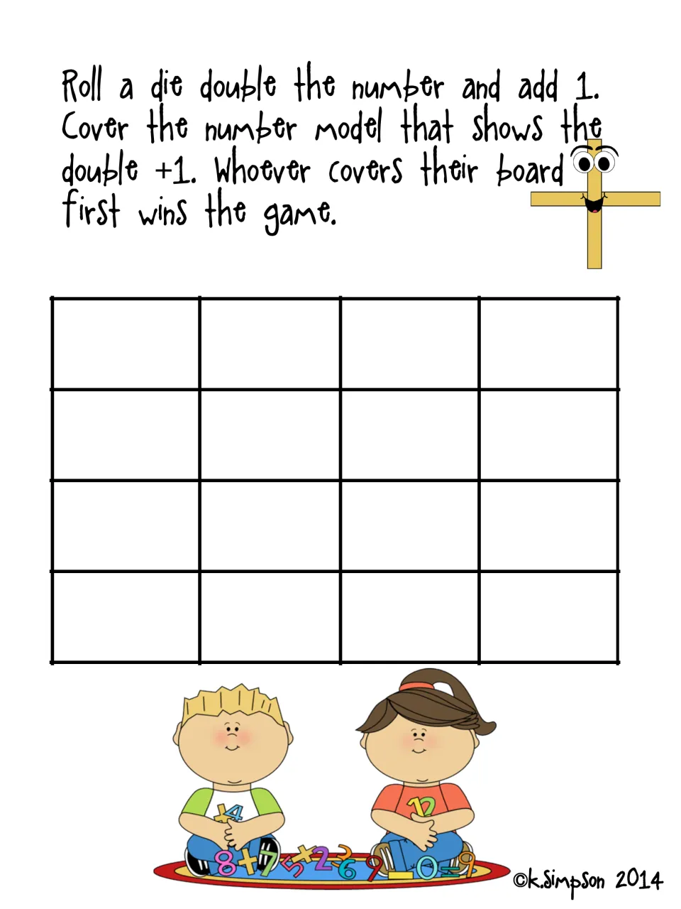 Blank doubles plus one game card with the roll, double, add 1 and cover instructions and 16 empty spaces for facts or sums
