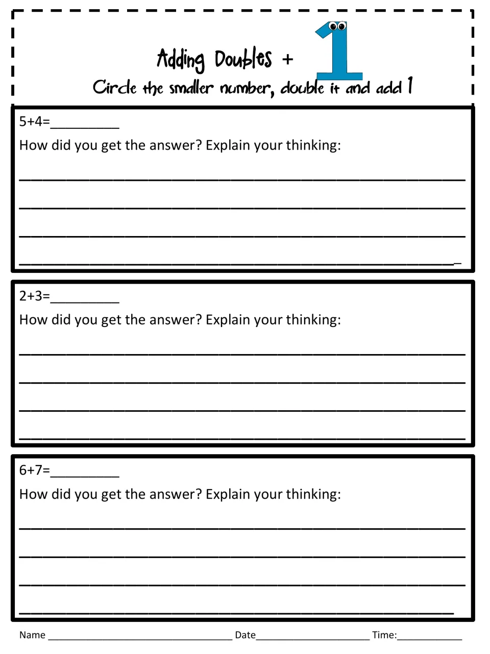 Adding Doubles + 1: students circle the smaller number, double it, add 1 to solve 5+4, 2+3, 6+7 and explain their thinking