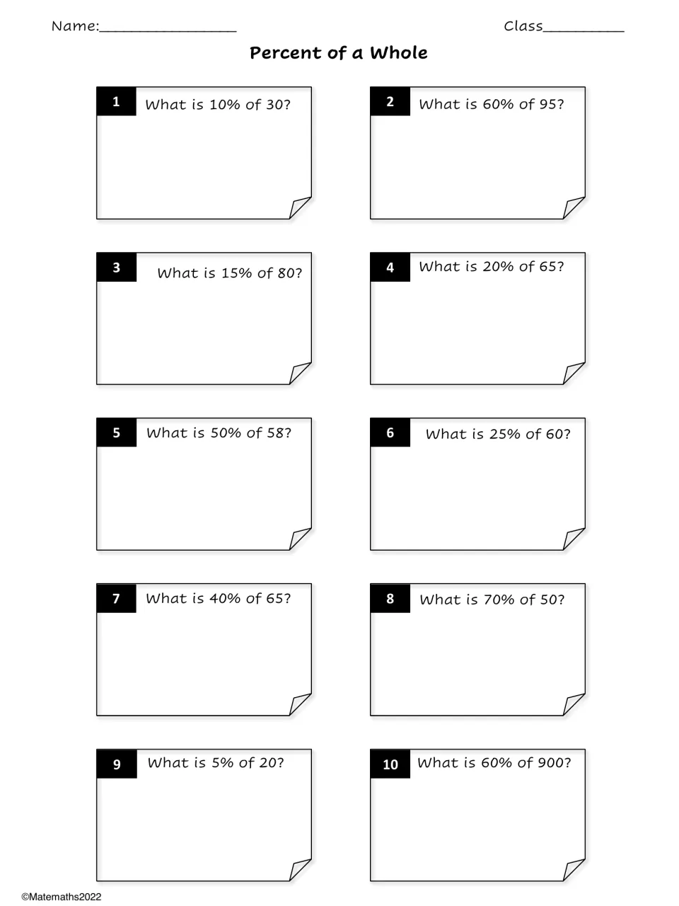 Percent of a Whole, items 1-10: students find a percent of a number, such as 10% of 30, 15% of 80 and 60% of 900