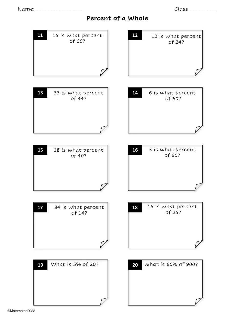 Percent of a Whole, items 11-20: mostly finding what percent one number is of another, such as 15 is what percent of 60