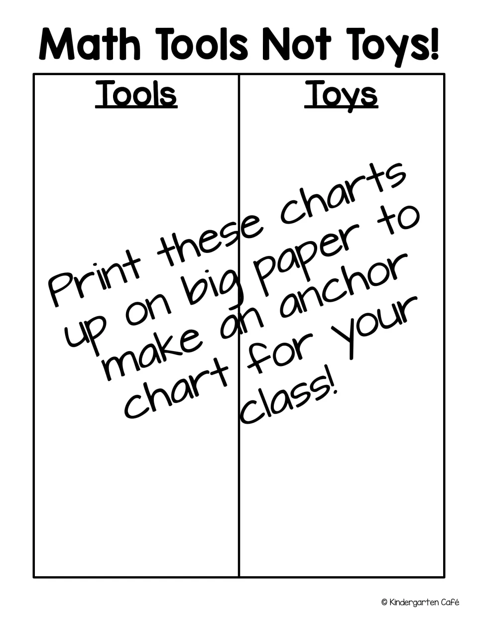 Math Tools Not Toys sort: Tools and Toys headings for sorting class items, with a note to print it big as an anchor chart