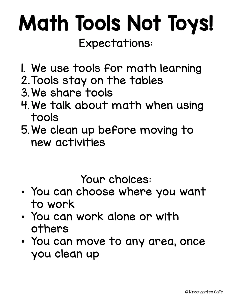 Math tool expectations: five rules such as sharing tools and keeping them on tables, plus three student choices for work