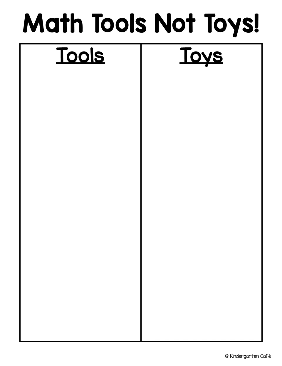 Math Tools Not Toys sorting chart without the print note: blank Tools and Toys headings for listing how items are used