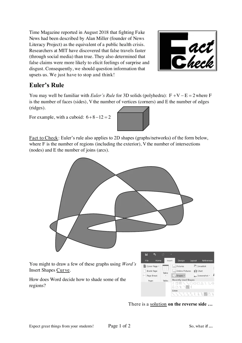 Euler's rule F + V - E = 2: students check whether it holds for 2D curve networks by counting regions, nodes and arcs