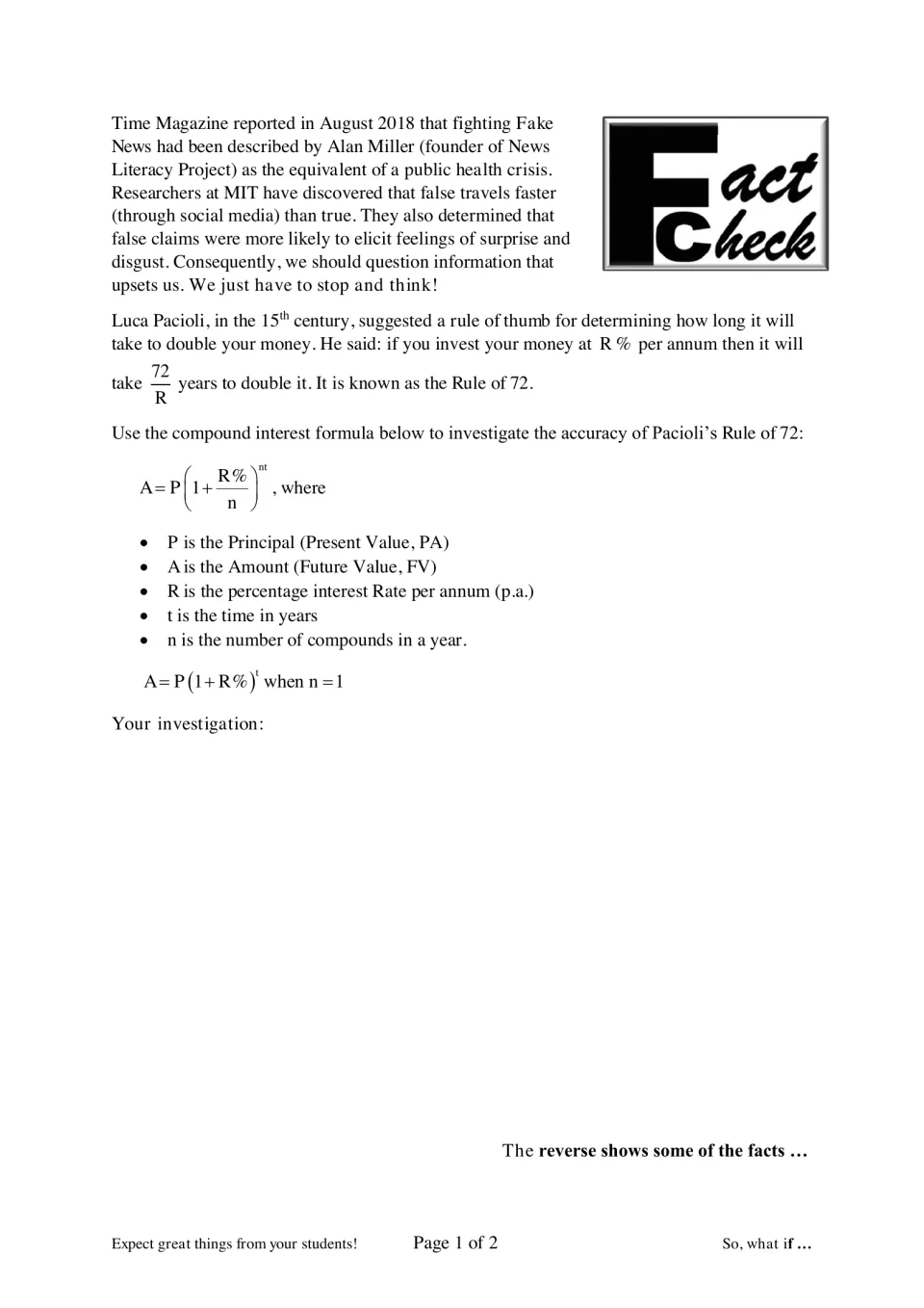 Rule of 72 investigation: students use compound interest to test Pacioli's rule that money doubles in 72/R years