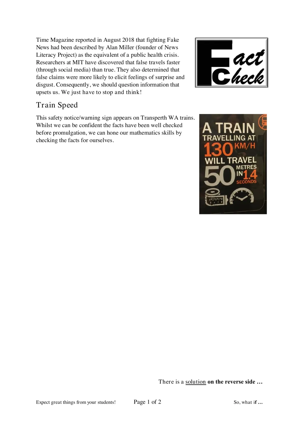 Train Speed rates task: students check a Transperth sign claiming a train at 130 km/h travels 50 metres in 1.4 seconds