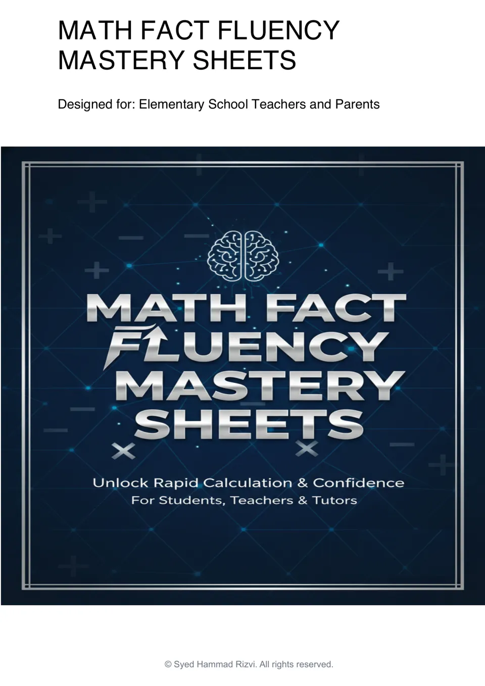 Cover of Math Fact Fluency Mastery Sheets, designed for elementary school teachers and parents