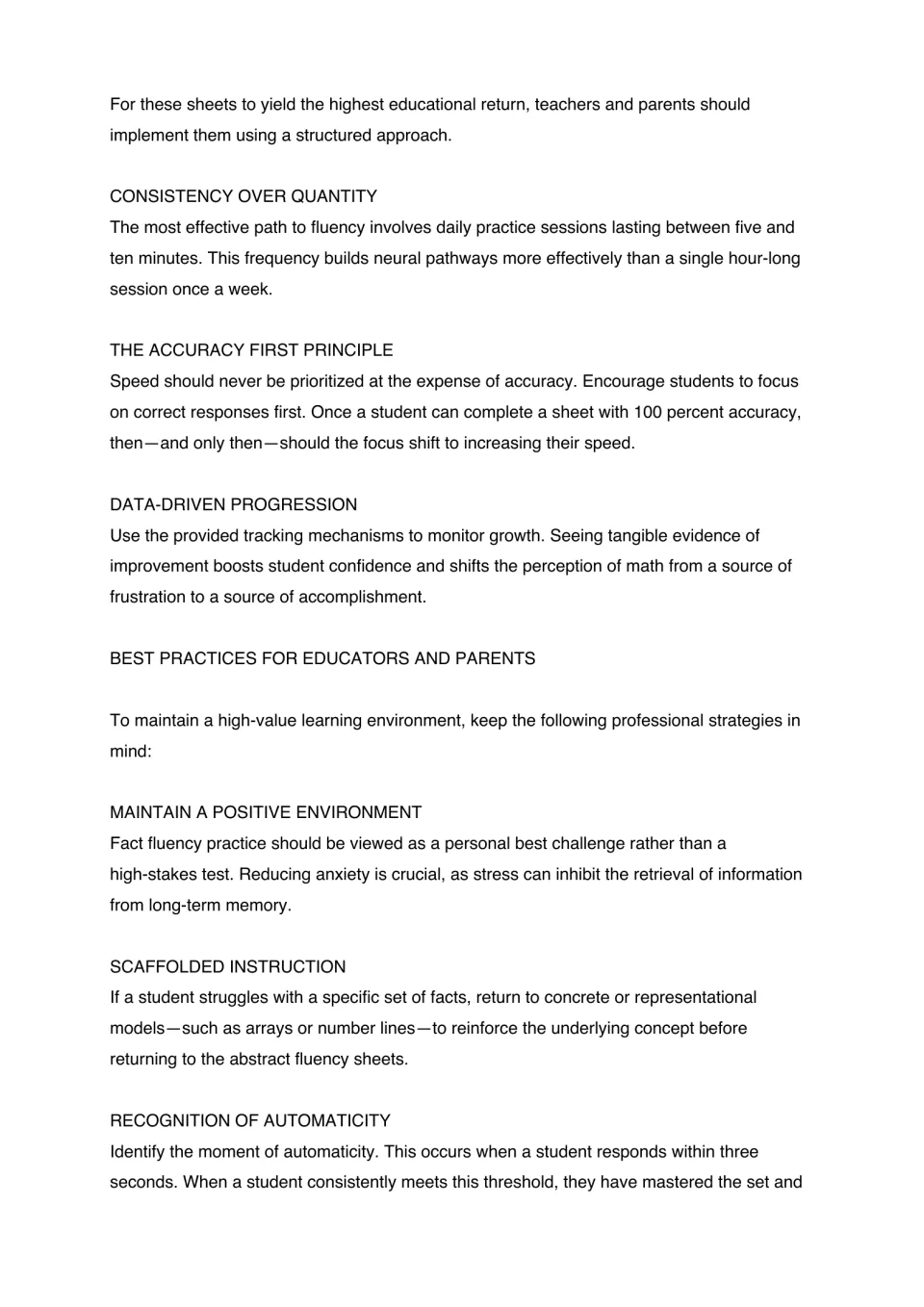 Fact fluency teaching guidance on daily practice, accuracy first, progress tracking, and scaffolded instruction