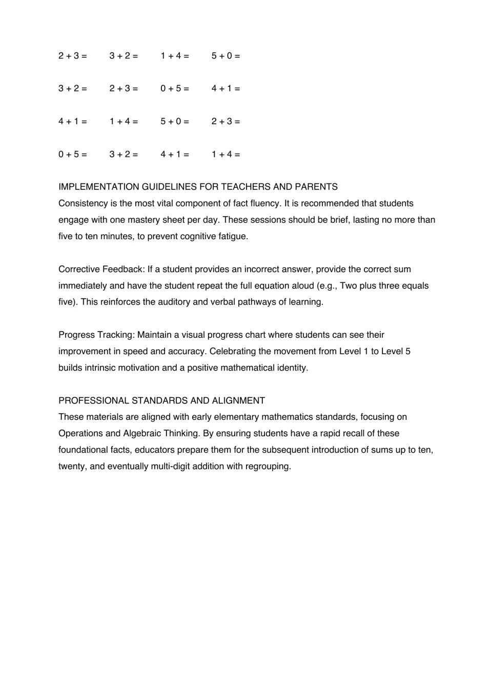 Target-five addition practice continues with 16 problems, followed by feedback and progress-tracking guidance