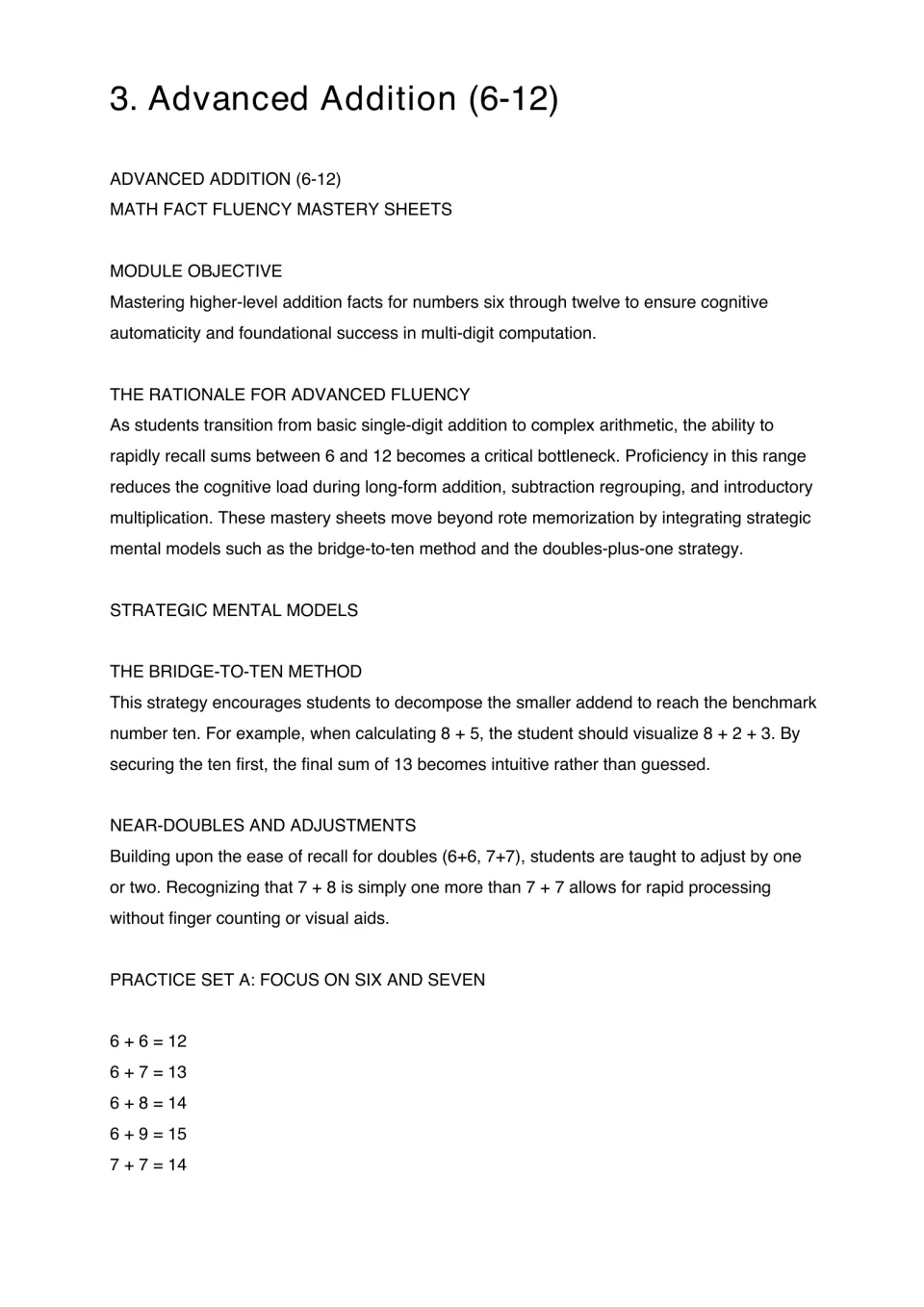 Advanced addition module introduces bridge-to-ten and near-doubles strategies, with solved six and seven facts