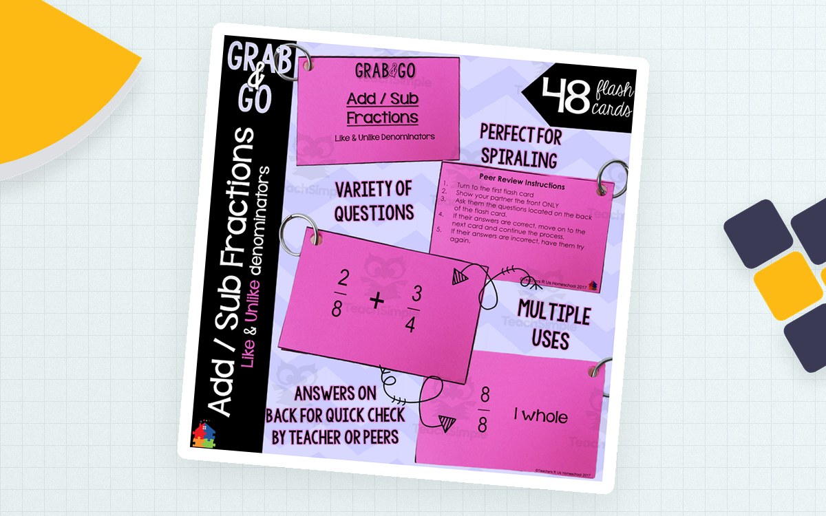 Pink Grab & Go fraction flash-card cover with sample cards, a 48-card badge, and a fraction addition example.