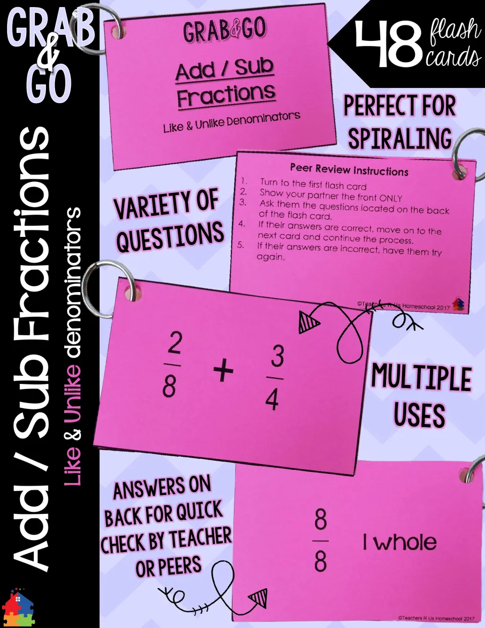 Add and subtract fractions flash card cover: 48 ringed cards showing a 2/8 + 3/4 front, peer review card and 8/8 answer