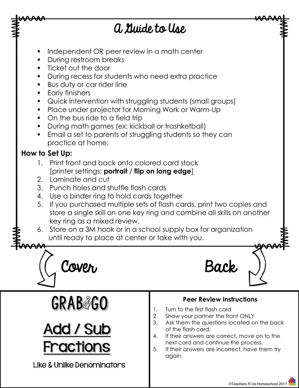 Guide to use and setup steps: classroom uses, printing, laminating and ring binding, plus cover and peer review back cards