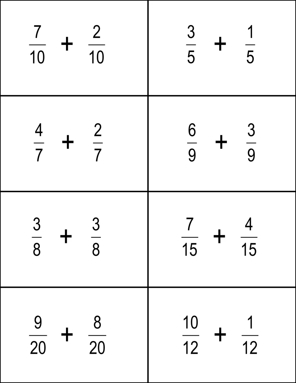 Adding fractions with like denominators: eight card fronts from 7/10 + 2/10 and 3/5 + 1/5 to 10/12 + 1/12