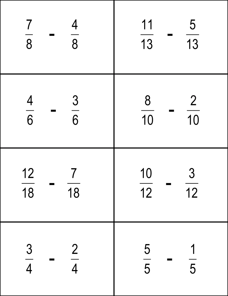 Subtracting fractions with like denominators: eight card fronts from 7/8 - 4/8 and 11/13 - 5/13 to 5/5 - 1/5
