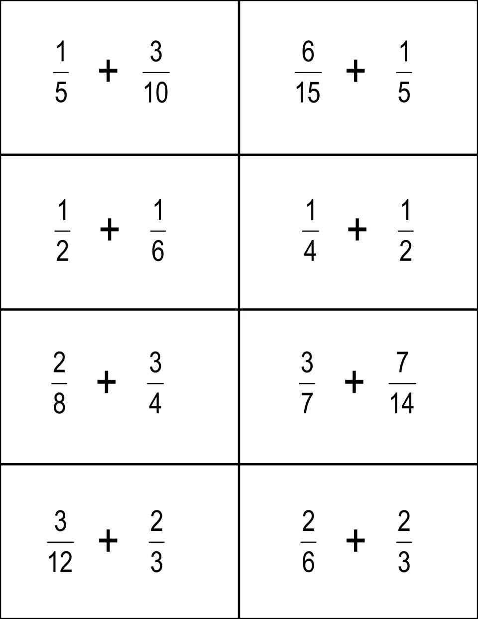 Adding fractions with unlike denominators: eight card fronts such as 1/5 + 3/10, 1/2 + 1/6 and 3/7 + 7/14