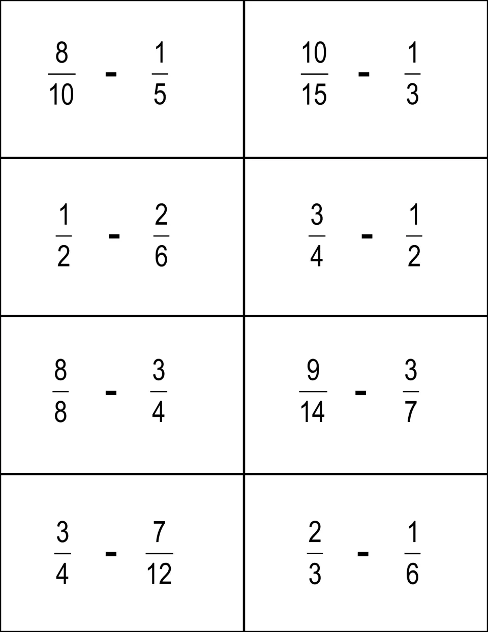 Subtracting fractions with unlike denominators: eight card fronts such as 8/10 - 1/5, 3/4 - 1/2 and 2/3 - 1/6