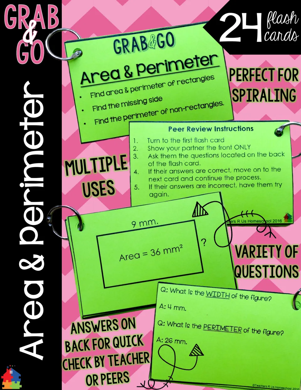 Cover for 24 area and perimeter flashcards showing sample fronts, answer backs, and peer review instructions