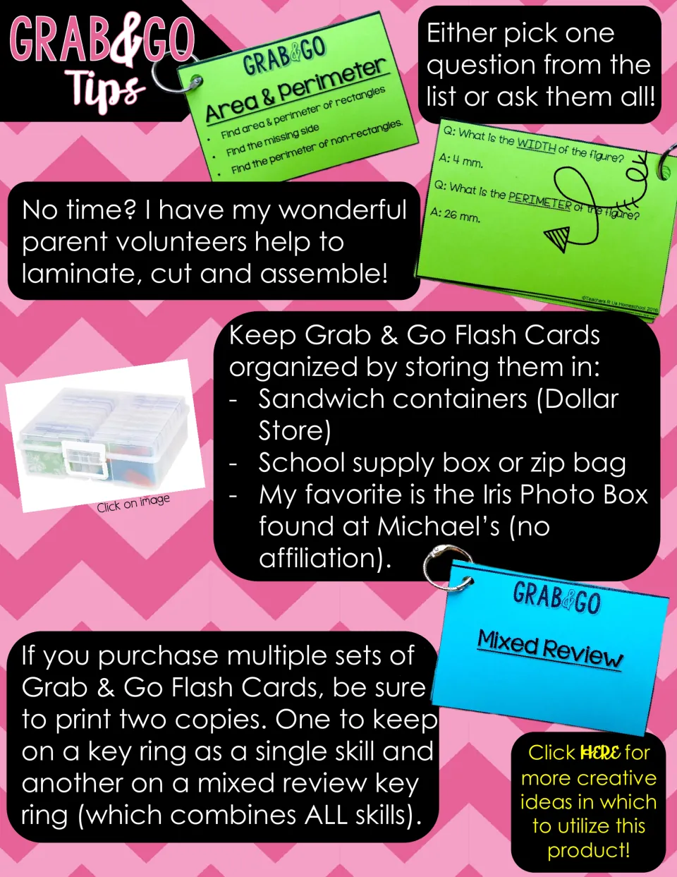 Flashcard tips explain choosing questions, laminating and assembling cards, storage, and mixed review sets