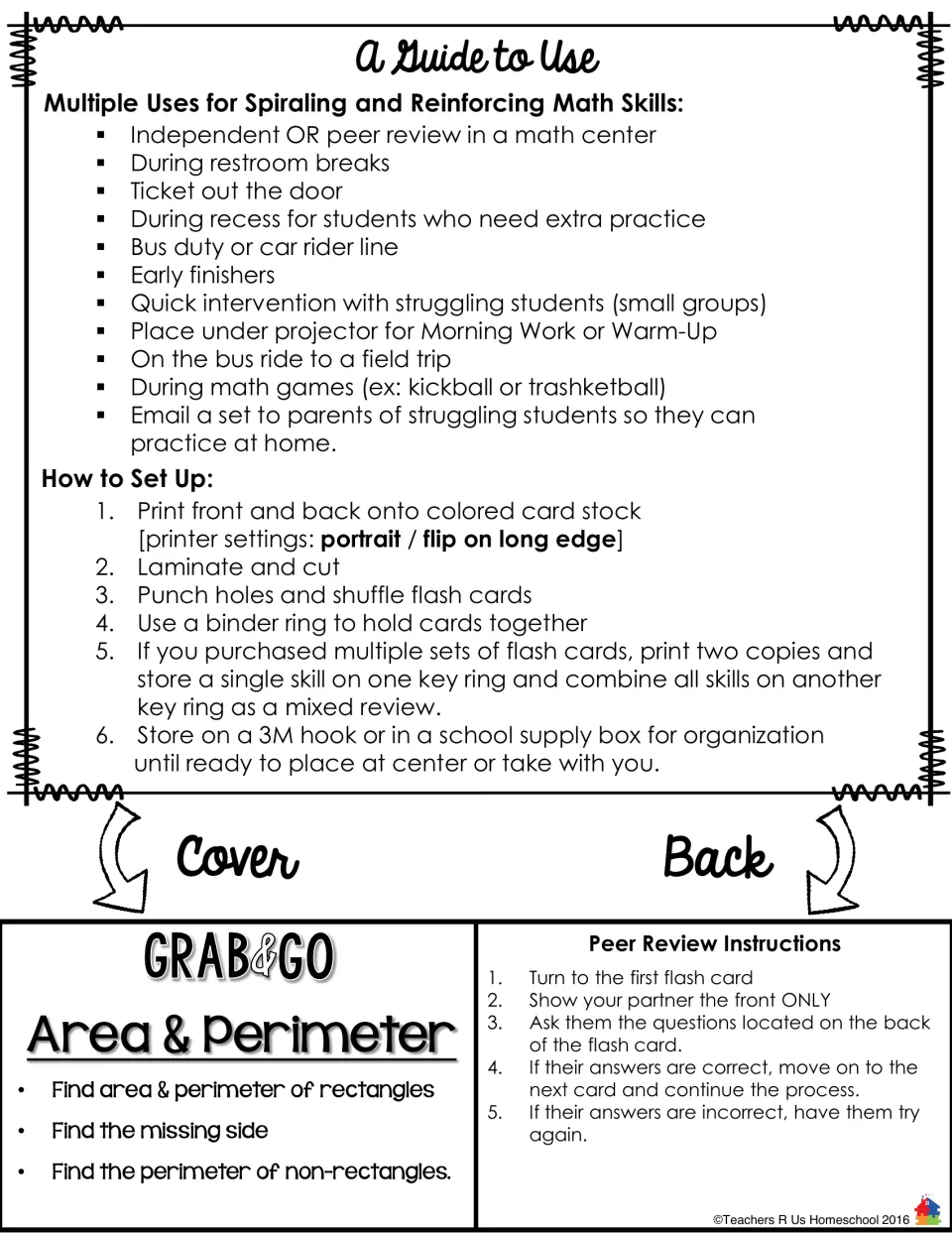 A Guide to Use: ways to use the flash cards, six setup steps and peer review instructions
