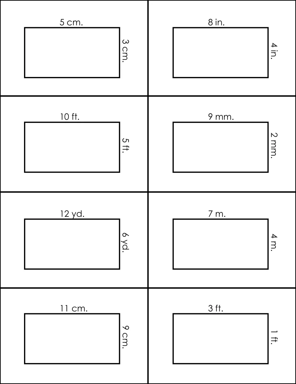 Eight rectangle flashcard fronts for area and perimeter practice, including 5 by 3 cm and 8 by 4 in.
