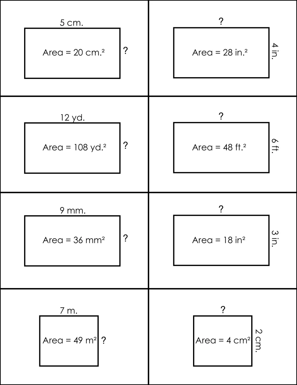 Eight missing-side flashcard fronts give areas and one side length, including 20 square cm with a 5 cm side
