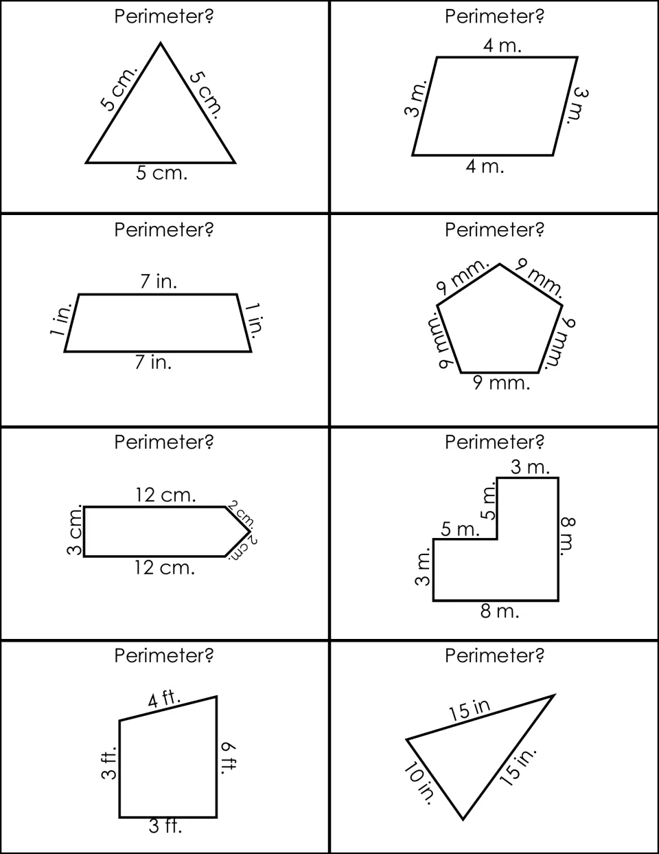 Eight perimeter flashcard fronts show labeled polygons, including triangles, a pentagon, and an L-shaped figure
