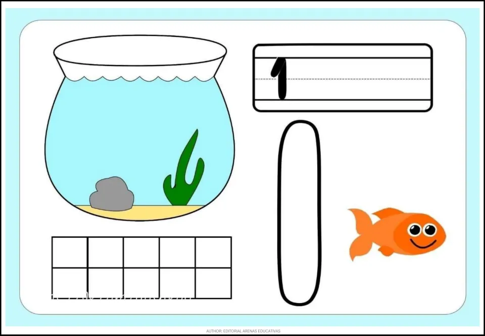 Fish-themed counting card 1 of 9: numeral 1, a large outlined 1, one orange fish, and an empty fishbowl.