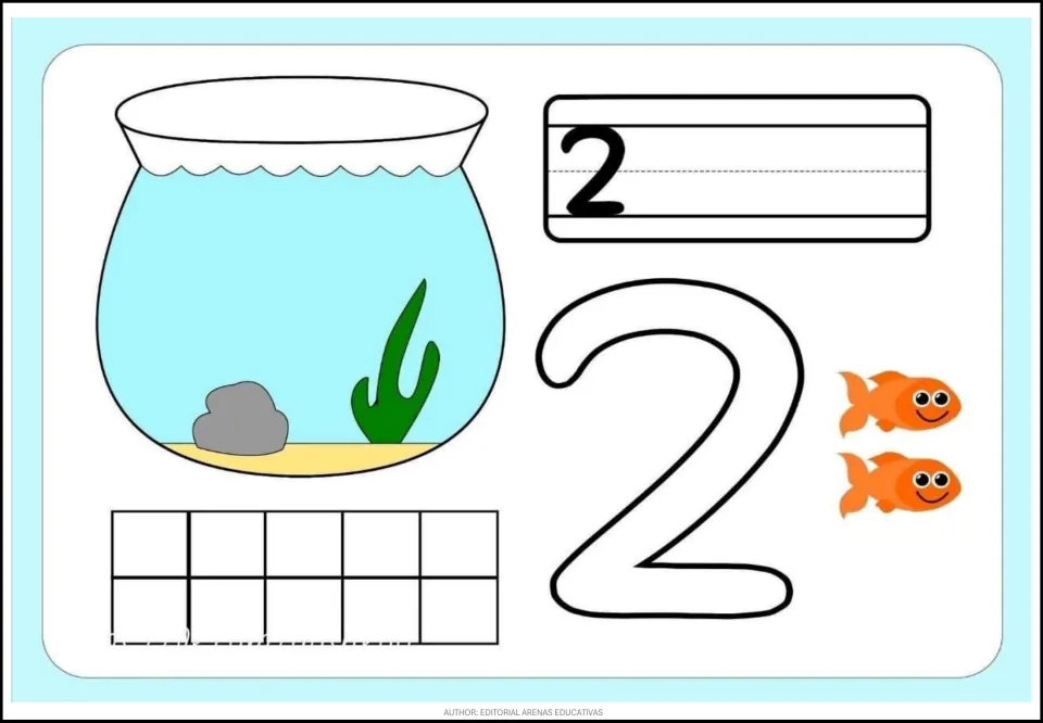 Fish-themed counting card 2 of 9: numeral 2, a large outlined 2, two orange fish, and an empty fishbowl.
