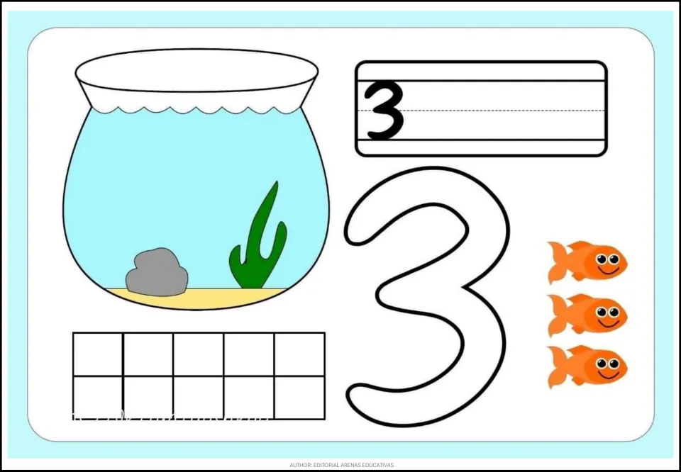 Fish-themed counting card 3 of 9: numeral 3, a large outlined 3, three orange fish, and an empty fishbowl.