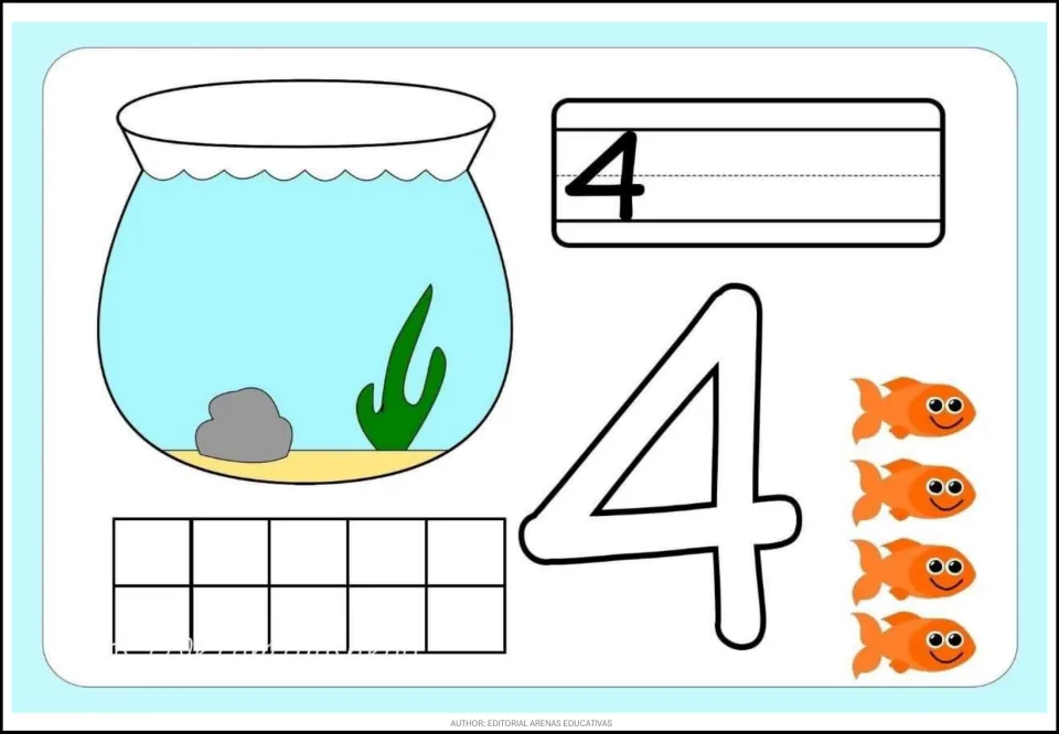 Fish-themed counting card 4 of 9: numeral 4, a large outlined 4, four orange fish, and an empty fishbowl.