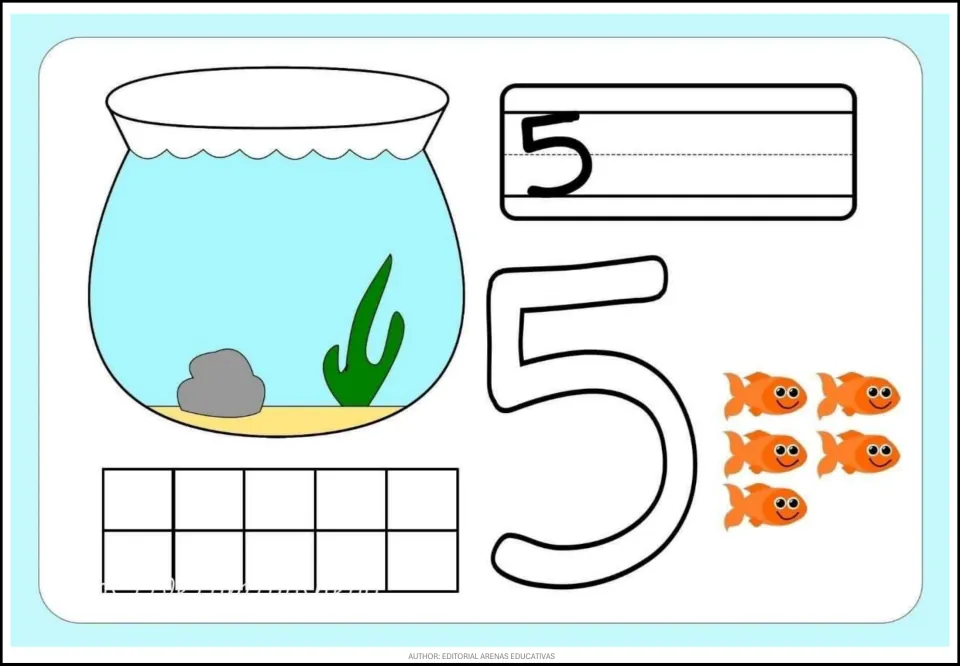 Fish-themed counting card 5 of 9: numeral 5, a large outlined 5, five orange fish, and an empty fishbowl.