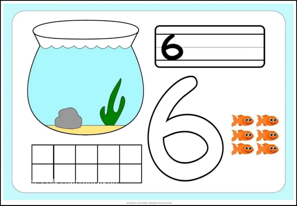 Fish-themed counting card 6 of 9: numeral 6, a large outlined 6, six orange fish, and an empty fishbowl.