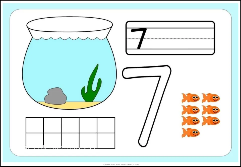 Fish-themed counting card 7 of 9: numeral 7, a large outlined 7, seven orange fish, and an empty fishbowl.