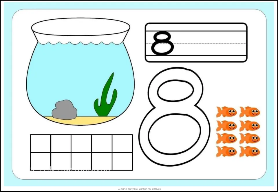 Fish-themed counting card 8 of 9: numeral 8, a large outlined 8, eight orange fish, and an empty fishbowl.