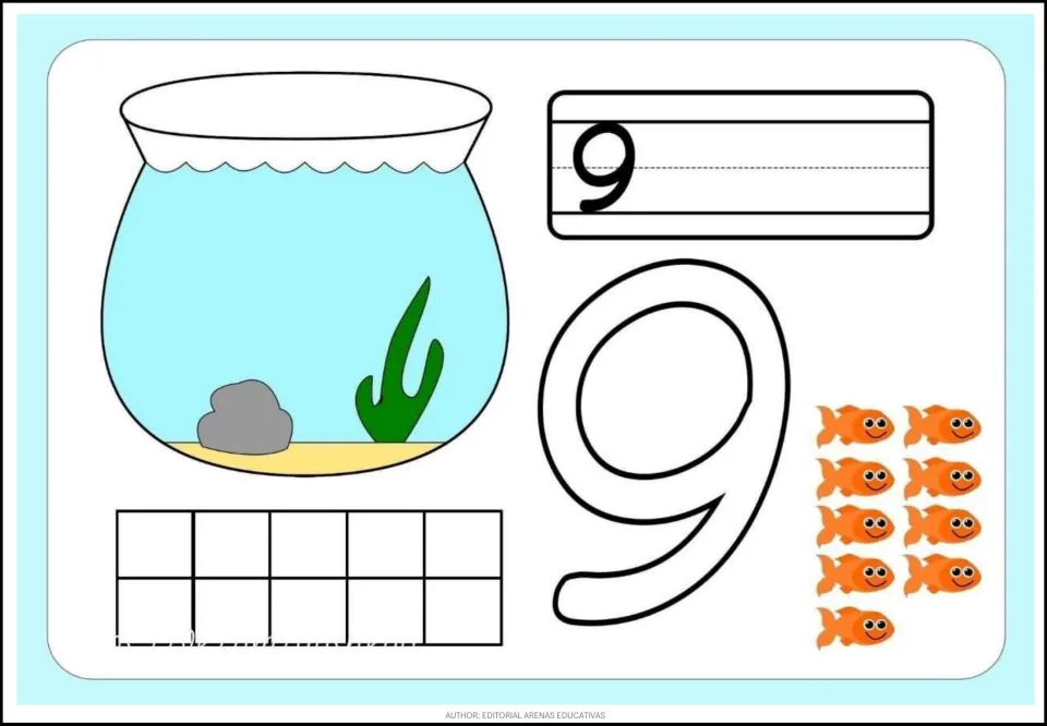Fish-themed counting card 9 of 9: numeral 9, a large outlined 9, nine orange fish, and an empty fishbowl.