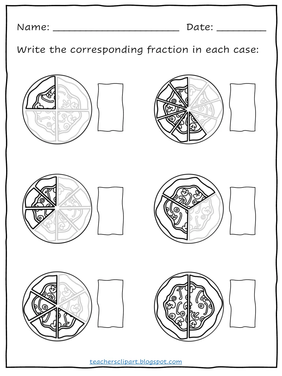 Fractions of a pizza: students write the fraction shown by the darker slices on each of 6 pizzas cut into equal parts