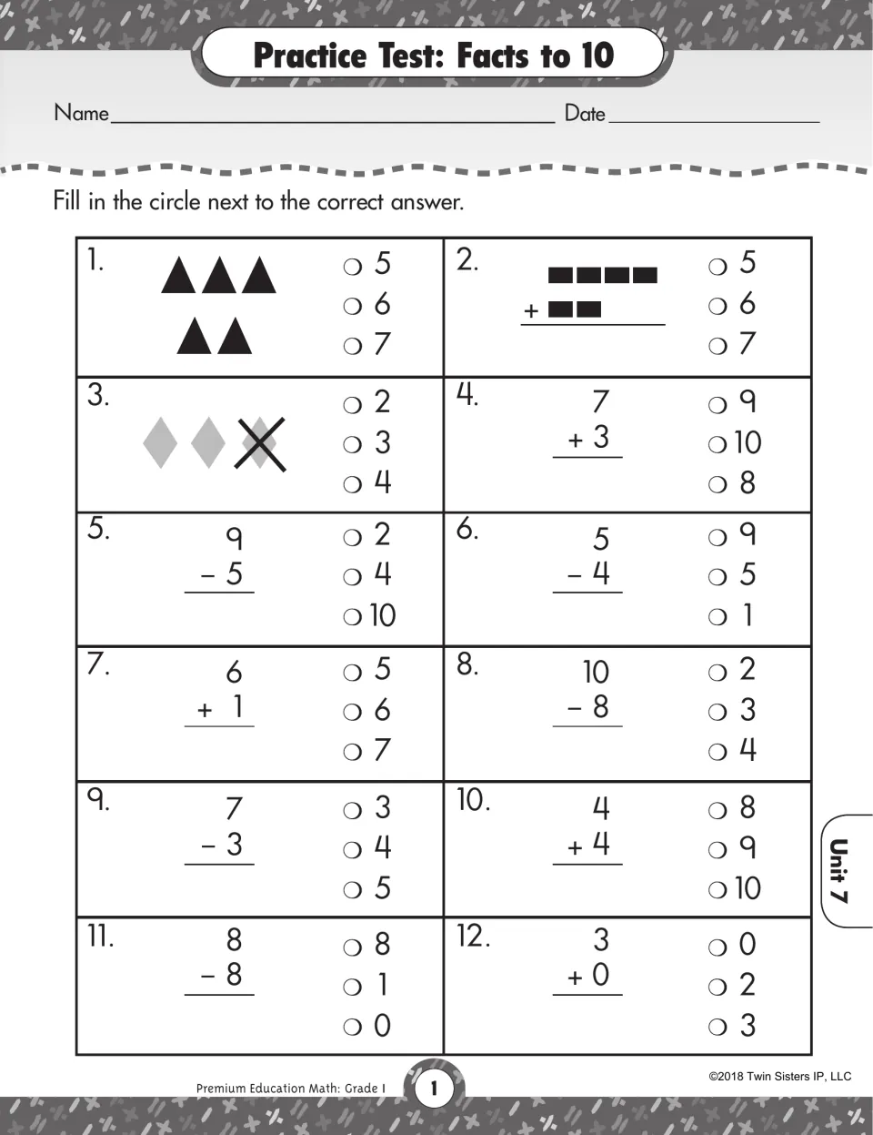 Facts to 10 test: students fill in the circle for 12 sums and differences, a few shown with shape pictures