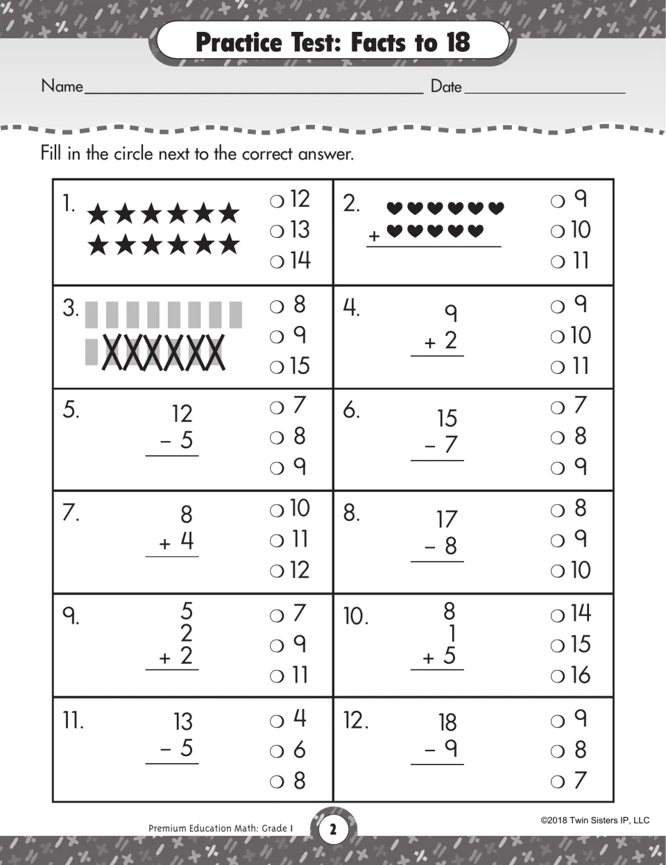 Facts to 18 test: students pick answers to 12 addition and subtraction facts, including three-addend sums