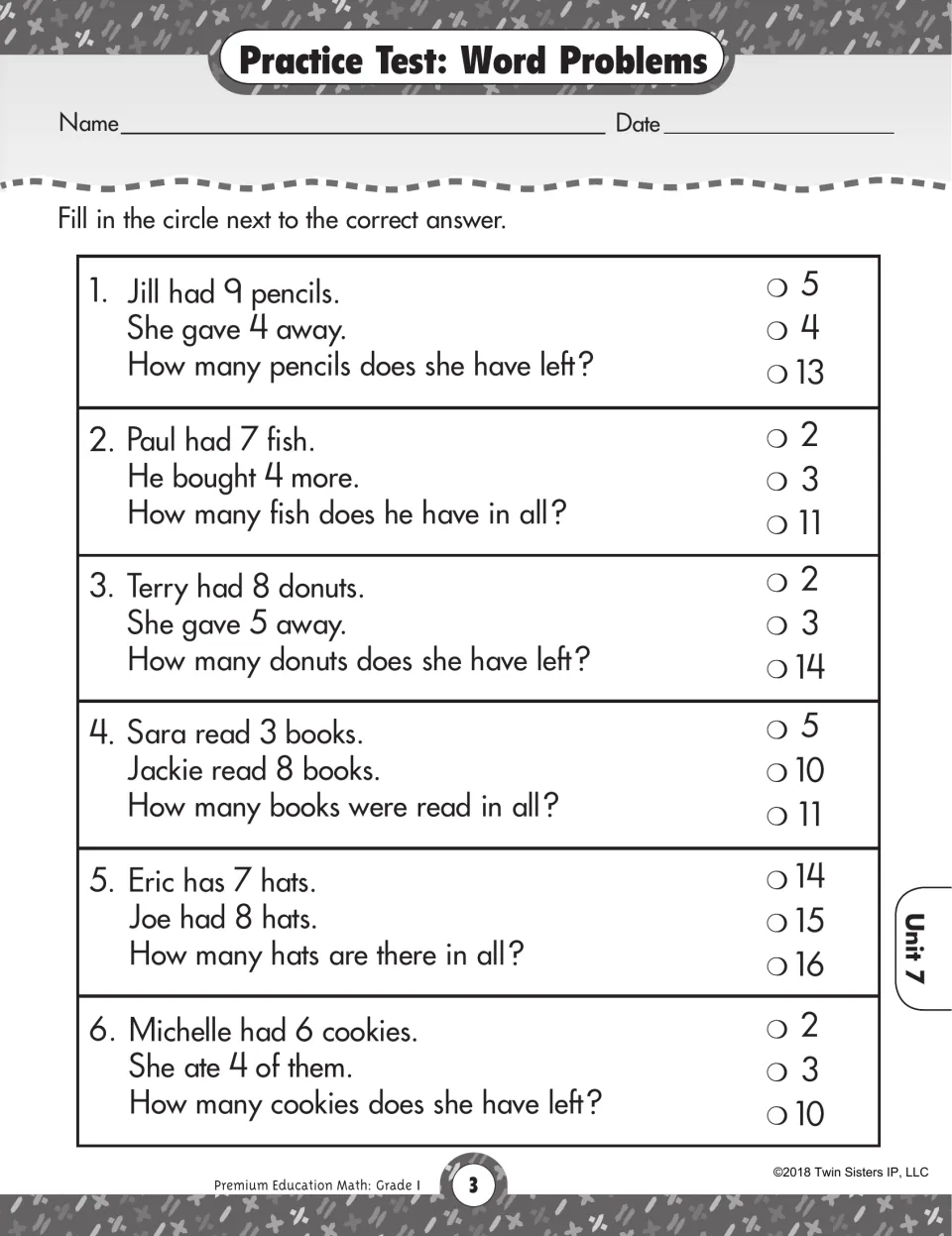 Word problems test: students solve 6 short add and subtract stories about pencils, fish, donuts, books and hats